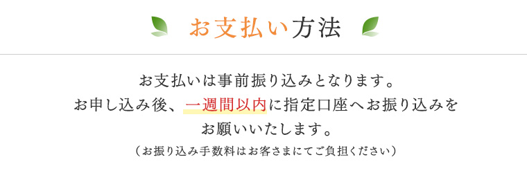 お支払い方法　お支払いは事前振り込みとなります。お申し込み後、一週間以内に指定口座へお振り込みをお願いいたします（お振り込み手数料はお客さまにてご負担ください）。