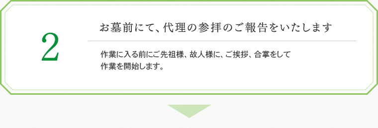 2. お墓前にて、代理の参拝のご報告をいたします
作業に入る前にご先祖様、故人様に、ご挨拶、合掌をして作業を開始します。