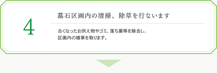 4. 墓石区画内の清掃、除草を行ないます
古くなったお供え物やゴミ、落ち葉等を除去し、区画内の雑草を取ります。